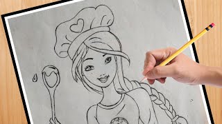 Easy Drawing  Chef Girl Drawing  Step By Step  Beautiful Drawing [upl. by Notsrik]